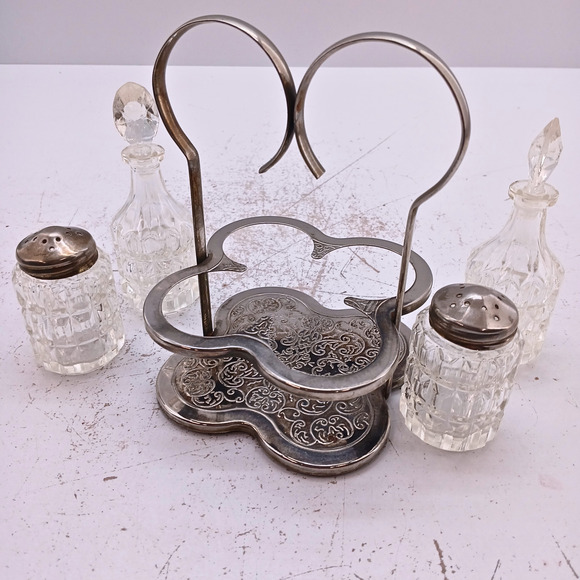 VTG Leonard Sheffield Silver Plate Crystal Caddy Salt Pepper Cruets Vinegar Oil - Picture 2 of 16